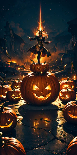 solo,a wizard,mask,Standing on a giant  jack-o'-lantern,swirling magic around his body, full body, cinematic lighting, very detailed, vibrant, 8k, best quality, ultra sharp focus, glowing, sparkles, artwork by granblue fantasy, artgerm, amazing background