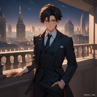Score_9, Score_8_up, Score_7_up, Score_6_up, Score_5_up, Score_4_up,aa man black hair, sexy guy, standing on the balcony of a building, city, night,looking at the front building, wearing a suit, sexy pose, ciel_phantomhive,jaeggernawt
