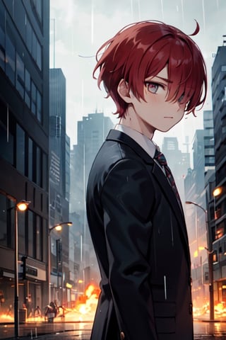 One boy(adult), red hair, eyes (one brown, one red), scar under one eye, short hair, open black blazer, shirt,background (flames, city, rain)