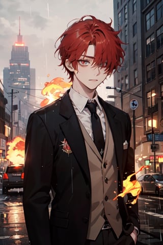 One boy(adult), red hair, eyes (one brown, one red), scar under one eye, short hair, open black blazer, shirt,background (flames, city, rain)