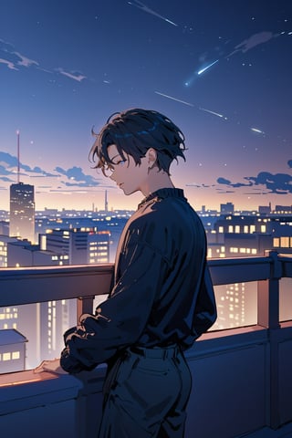 Score_9, Score_8_up, Score_7_up, Score_6_up, Score_5_up, Score_4_up, night, 1boy (black hair), sexy, standing on the balcony of a building,city, modern city, night,looking at the front building, shirt, hetero, brown_hair, night_sky, sky, long_sleeves, cityscape,jaeggernawtcity,2b-Eimi