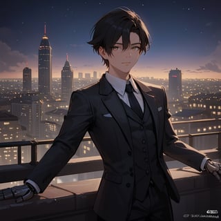 a man black hair, sexy guy, standing on the balcony of a building,city, modern city, night,looking at the front building, wearing a suit, sexy pose,leaning on the railing,ciel_phantomhive,jaeggernawt,Indoor,frames,high rise apartment,outdoor, prosthetic_eye, upper_body, fierce, detailed, detailed_face, detailed_eyes, high resolution, bold, korean Manhwa art style, Detailedface,jaeggernawt,manhwa