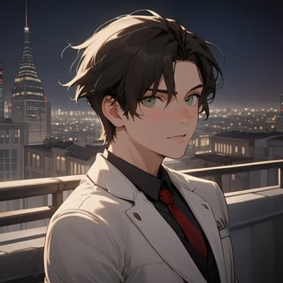 a man black hair, sexy guy, standing on the balcony of a building,city, modern city, night,looking at the front building, wearing a suit, sexy pose,leaning on the railing,ciel_phantomhive,jaeggernawt,Indoor,frames,high rise apartment,outdoor, prosthetic_eye, upper_body, fierce, detailed, detailed_face, detailed_eyes, high resolution, bold, korean Manhwa art style, Detailedface,jaeggernawt,manhwa,mobwoojin
