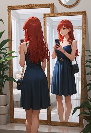 score_9, score_8_up, score_7_up, score_6_up, score_5_up, score_4_up,

1girl, solo, long hair, red hair, dress, bag, department, legs, phone, cellphone, smartphone, reflection, handbag, mirror, sexy dress