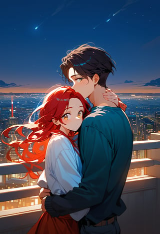 score_9, score_8_up, score_7_up, score_6_up, score_5_up, score_4_up,

1girl (red hair), long_hair, hug, night, 1boy (black hair), Man_hugs_girl_from_behind, shirt, hetero, looking_at_viewer, brown_hair, night_sky, couple, sky, long_sleeves, cityscape,jaeggernawt