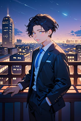 Score_9, Score_8_up, Score_7_up, Score_6_up, Score_5_up, Score_4_up, night, 1boy (black hair), sexy guy, standing on the balcony of a building,city, modern city, night,looking at the front building, wearing a suit, sexy pose,leaning on the railing, shirt, hetero, looking_at_viewer, brown_hair, night_sky, couple, sky, long_sleeves, cityscape,jaeggernawtcity,2b-Eimi