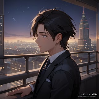 a man black hair, sexy guy, standing on the balcony of a building,city, modern city, night,looking at the front building, wearing a suit, sexy pose,leaning on the railing,ciel_phantomhive,jaeggernawt,Indoor,frames,high rise apartment,outdoor, prosthetic_eye, upper_body, fierce, detailed, detailed_face, detailed_eyes, high resolution, bold, korean Manhwa art style, Detailedface,jaeggernawt,manhwa