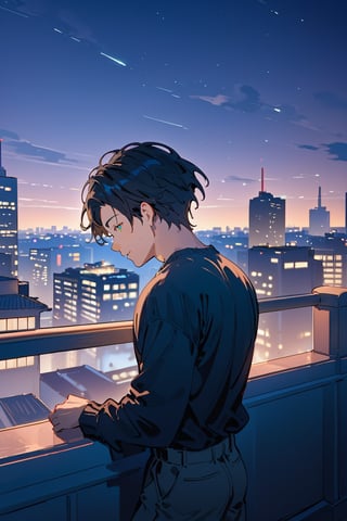Score_9, Score_8_up, Score_7_up, Score_6_up, Score_5_up, Score_4_up, night, 1boy (black hair), sexy, standing on the balcony of a building,city, modern city, night,looking at the front building, shirt, hetero, brown_hair, night_sky, couple, sky, long_sleeves, cityscape,jaeggernawtcity,2b-Eimi
