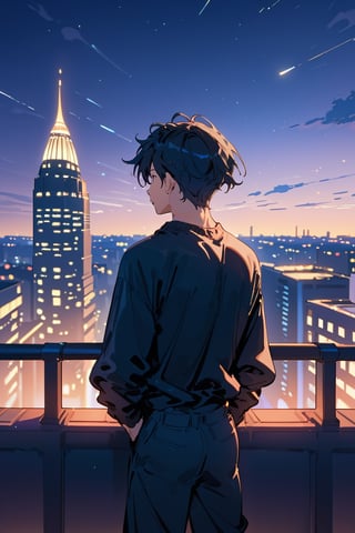 Score_9, Score_8_up, Score_7_up, Score_6_up, Score_5_up, Score_4_up, night, 1boy (black hair), sexy, standing on the balcony of a building,city, modern city, night,looking at the front building, shirt, hetero, brown_hair, night_sky, sky, long_sleeves, cityscape,jaeggernawtcity,2b-Eimi