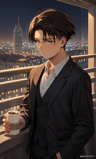 Score_9, Score_8_up, Score_7_up, Score_6_up, Score_5_up, Score_4_up,a man black hair, sexy guy, standing on the balcony of a building,city, modern city, night,looking at the front building, wearing a suit, sexy pose,leaning on the railing, looking at me blushing, 
drinking a cup of coffee
,levi_ackerman,Indoor,jaeggernawt