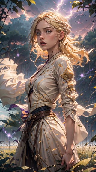 (4k), (masterpiece), (best quality),(extremely intricate), (realistic), (sharp focus), (award winning), (cinematic lighting), (extremely detailed), 

A young sorceress with long bright yellow blonde hair, standing in a field of tall grass. She is wearing a flowing pure white robe with silver lightning bolts embroidered on it. She is surrounded by a swirling vortex of lightning energy.

,DonMl1ghtning,violet evergarden,EpicSky