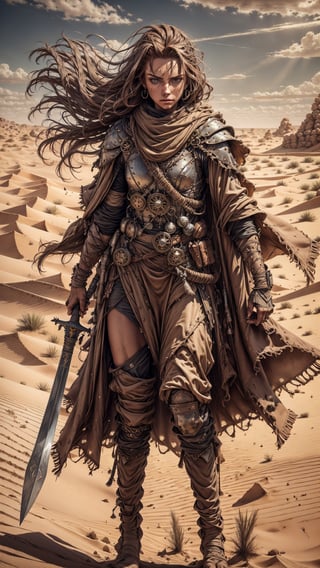(4k), (masterpiece), (best quality),(extremely intricate), (realistic), (sharp focus), (cinematic lighting), (extremely detailed), 

A beautiful and powerful girl sand dune warrior with long flowing brown hair and piercing amber eyes, standing on a sand dune overlooking a vast desert, her scimitar drawn and ready to battle.
,davincitech,Des3rt4rmor