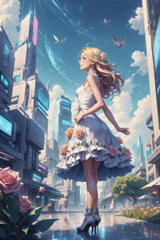 (4k), (masterpiece), (best quality),(extremely intricate), (realistic), (sharp focus), (cinematic lighting), (extremely detailed), (full body),

A young woman with long flowing hair and piercing blue eyes sits on a bench in the heart of the neo-futuristic city. She is surrounded by towering white skyscrapers, their reflective surfaces shimmering in the sunlight. In the distance, she can see flying cars zooming through the air.

But the woman's gaze is not fixed on the city's technological marvels. Instead, she is focused on the small patch of green grass in front of her. There, a family of ducks waddles by, their fluffy yellow feathers glistening in the sun. The woman smiles as she watches the ducks, her heart filled with warmth.

She takes a deep breath of the fresh air, savoring the scent of the nearby rose garden. The air is filled with the sound of birds chirping and the gentle rustle of leaves in the wind.

The woman closes her eyes and listens to the sounds of the city around her. She hears the distant rumble of traffic and the occasional beep of a flying car. But she also hears the laughter of children playing in the park and the gentle murmur of a fountain nearby.

She opens her eyes and smiles. This is her favorite place in the city. It is a place where she can come to relax and escape the hustle and bustle of everyday life. It is a place where she can feel connected to nature and to the city at the same time.

The neo-futuristic city is a place of endless possibilities. It is a place where technology and nature coexist in harmony. It is a place where people from all walks of life come together to create a vibrant and diverse community.

And in the heart of this city, there is a young woman who finds beauty and joy in the simple things in life. She is a reminder that even in the most futuristic of cities, there is always room for nature and the human spirit.
Rose.

,DonMR0s30rd3r, scifi, tech, futuristic, haunting
,flower4rmor, flower summer dress
,neotech,adstech, scifi, colorful symbols , hologram