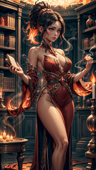 (4k), (masterpiece), (best quality),(extremely intricate), (realistic), (sharp focus), (cinematic lighting), (extremely detailed), 

A young girl flame sorceress stands in the middle of a circular room in a tall magi tower. The walls of the room are lined with bookshelves and tables filled with alchemical equipment. In the center of the room is a large pentagram drawn on the floor, surrounded by candles and incense. The sorceress is clad in a flowing red dress and her long, black hair is wild and free. She is raising her hands and casting a spell, her eyes glowing with power. The air around her is thick with the smell of smoke and sulfur.

,emb3r4rmor,MagmaTech,embers,(FlamePrincess),(ponytail),Circle