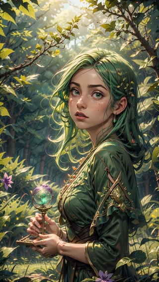 (4k), (masterpiece), (best quality),(extremely intricate), (realistic), (sharp focus), (award winning), (cinematic lighting), (extremely detailed), 

A young sorceress with long pastel green hair, standing in a field of tall grass. She is wearing a flowing emerald green robe. She is surrounded by a swirling vortex of nature energy.
,violet evergarden,EpicSky,TreeAIv2
