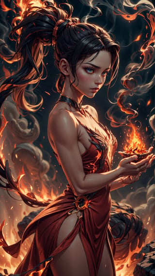 (4k), (masterpiece), (best quality),(extremely intricate), (realistic), (sharp focus), (cinematic lighting), (extremely detailed), 

A young girl flame sorceress stands in a fiery circle of magic, her hands raised and her eyes glowing with power. She is clad in a flowing red dress and her long, black hair is wild and free. The air around her is thick with the smell of smoke and sulfur.

,emb3r4rmor,MagmaTech,embers,(FlamePrincess),(ponytail),Circle
