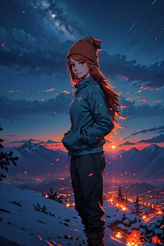 (4k), (masterpiece), (best quality),(extremely intricate), (realistic), (sharp focus), (cinematic lighting), (extremely detailed),

A young adult girl with long sunbright orange hair.
The girl has a look of pure contentment on her face. 
She is happy and relaxed, and she is enjoying her time.

A meadow on a snow covered mountaintop overlooking a breathtaking valley. The sky is clear blue, and the air is fresh and crisp. The young woman is watching the clouds drift by. She feels at peace with the world, and she is grateful for the beauty that surrounds her. 

She is wearing a pair of yoga pants and a loose-fitting top,
a pair of hiking boots and a beanie.

,flower4rmor
,cloud,neotech,blurry_light_background,DonM4lbum1n,DonMChr0m4t3rr4 ,Detailedface,Pixel art,photorealistic,ghibli style,girl,midjourney,hackedtech, scifi, orange hues,sunset_scenery_background,	 SILHOUETTE LIGHT PARTICLES,fantasy00d