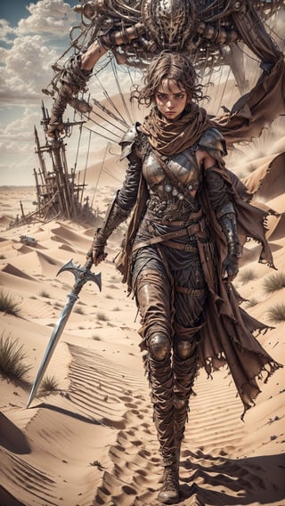 (4k), (masterpiece), (best quality),(extremely intricate), (realistic), (sharp focus), (cinematic lighting), (extremely detailed), 

A young girl dune warrior named Leila stands tall on a dune, her eyes scanning the horizon for danger. She is wearing a weathered leather armor and a scarf to protect her from the sand and wind. In her hands, she wields a spear and a dagger. Leila is ready to face any challenge that comes her way.

,davincitech,Des3rt4rmor