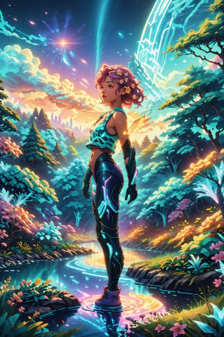 (4k), (masterpiece), (best quality),(extremely intricate), (realistic), (sharp focus), (cinematic lighting), (extremely detailed), (full body), sunset, dusk, pink sky,

A beautiful young girl with fairy wings  standing in a wild flower meadow on a river shore. Forest on the other side of river, mountain with waterfalls in the background.
The setting sun is shining behind the girl through her fluorescent wings, giving the scene a warm and slightly pink and cerulean blue tint. The gir is wearing nature themed bodysuit with green tank top over it.

,iridescent clothing,Concept art,mirika,sunset_scenery_background
, river, meadow, waterfall, forest
,flower4rmor, flower in hair, Flower, flower bodysuit

,DonM4lbum1n,F41Arm0r,BiophyllTech, bioluminescent, bioluminescence ,glyphtech,DonMChr0m4t3rr4 