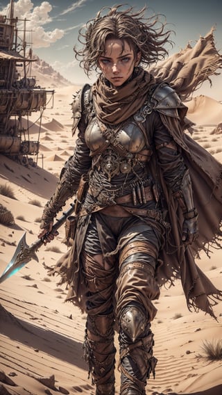 (4k), (masterpiece), (best quality),(extremely intricate), (realistic), (sharp focus), (cinematic lighting), (extremely detailed), 

A young girl dune warrior named Leila stands tall on a dune, her eyes scanning the horizon for danger. She is wearing a weathered leather armor and a scarf to protect her from the sand and wind. In her hands, she wields a spear and a dagger. Leila is ready to face any challenge that comes her way.

,davincitech,Des3rt4rmor