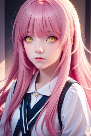 A school girl, long pink hair with bangs, cute yellow eyes, white skin, serious expression.