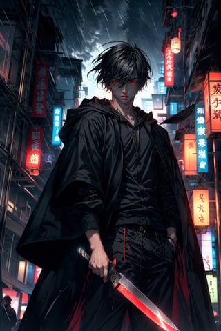 A boy with a hood on his head, black coat, red eyes, holding a knife, black sweatpants, dramatic and hostile lighting, dark rainy scene at night, in a city in Japan.,SAM YANG,midjourney