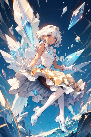 A blind girl, gray eyes, dark skin, platinum hair, golden dress with lace and ruffles. Tights, white gloves, shiny crystal blue shoes.