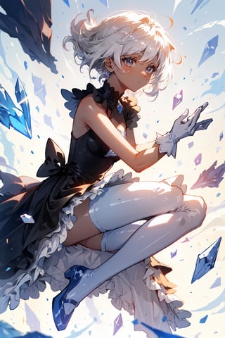 A blind girl, gray eyes, dark skin, platinum hair, golden dress with lace and ruffles. Tights, white gloves, shiny crystal blue shoes.