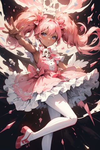 A cute girl with pink hair with skull pigtails, long pink hair, dress with skull skull, pink color of ruffles and lace, transparent white pantyhose, red shoes crystal, chocolate brown skin, bright and intense eyes with symbols.