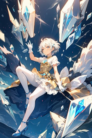 A blind girl, gray eyes, dark skin, platinum hair, golden dress with lace and ruffles. Tights, white gloves, shiny crystal blue shoes.