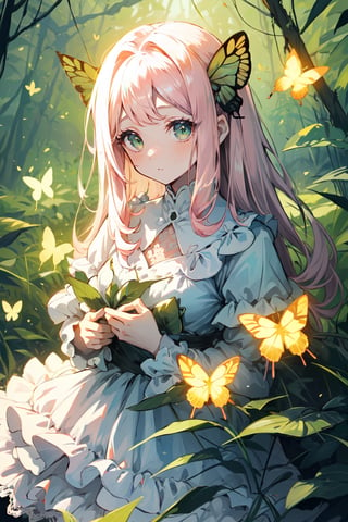 A cute girl wearing a lace and ruffled pink dress, extremely pale skin, big and adorable emerald eyes, a creatively well-drawn background of a forest with fireflies around, butterflies, a beautiful and illustrative designer.