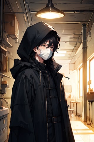 A solo boy, wearing a hood with a black coat, a mask that covers his entire face, a macabre hospital background, little lighting, a rustic and old setting.,SAM YANG