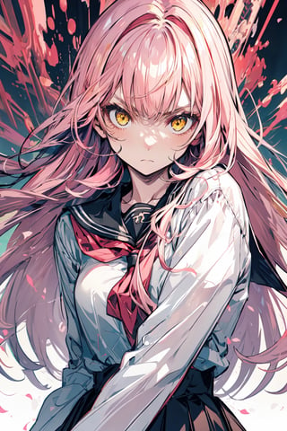 A school girl, long pink hair with bangs, cute yellow eyes, white skin, serious expression.