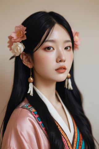 A beautiful Korean woman with long, flowing black hair, fair albino skin, dark brown eyes, long lashes on her almond-shaped eyes, rosy cheeks, light pink thin lips, wearing ancient Aztec and Maya clothing with tribal body paint, xxmix_girl:0.4, detailedeyes_xl:0.5, xxmix_girl.