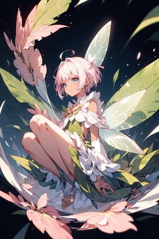 A fairy with short hair with pink bangs, dark skin, green leafy clothes, transparent wings, tender and calm pearly blue eyes.