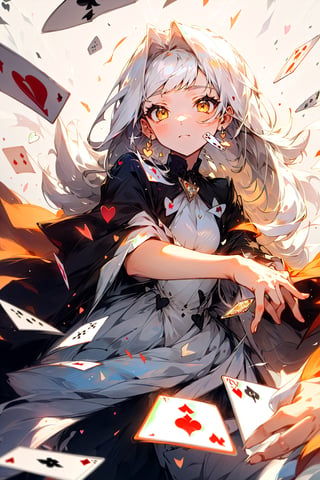 A brunette girl, long white hair with bangs, yellow eyes, wearing a dress with hearts (♥) and diamonds (♦), against a background of playing cards scattered on the ground.