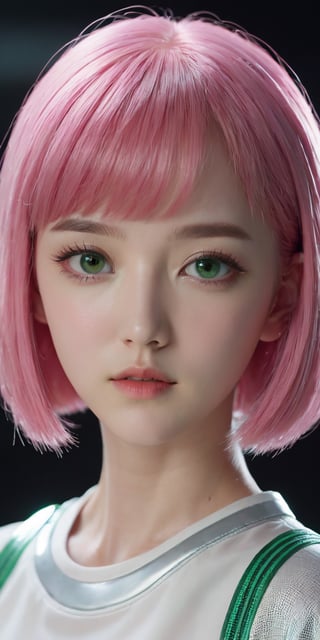A beautiful girl (short pink hair, straight with bangs), white skin (Korean), (green eyes), wearing technological clothes, futuristic, low lighting, film studio light, addDetailed, more_detail, Detailedeyes_v2, face_realistic, face_detailed, eyes_detailed_beta2, lips_pink, Movie Still, full_body, xxmix_girl.