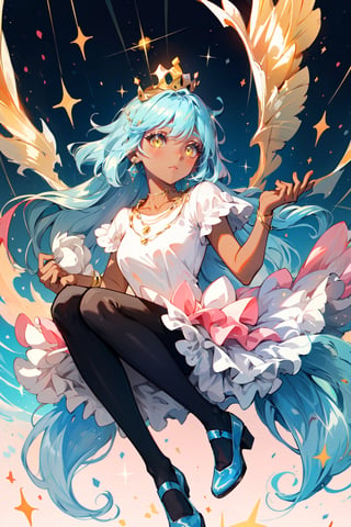 A cute girl wearing a beautiful red and white cups dress with ruffled silk lace, transparent pink pantyhose, shiny blue shoes, long blue hair sparkles bright intense yellow eyes, dark skin, cool colorful background and color variations, queen crown on her head, gold and crystal necklace.,SAM YANG