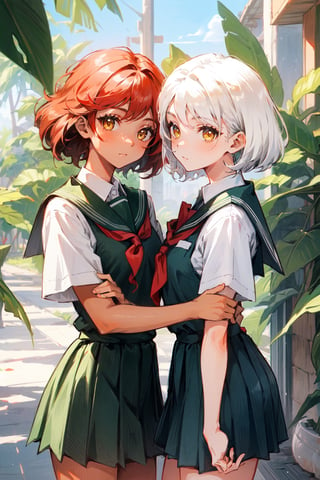 A girl with yellow eyes, red hair, and fair skin, wearing a school uniform. A second girl, beside her, with short white hair, tan skin, and emerald eyes, also wearing a school uniform. Two cute girls.