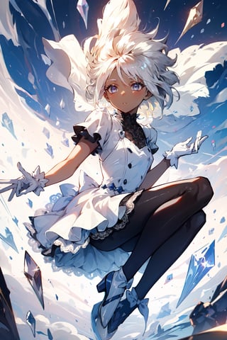 A blind girl, gray eyes, dark skin, platinum hair, golden dress with lace and ruffles. Tights, white gloves, shiny crystal blue shoes.