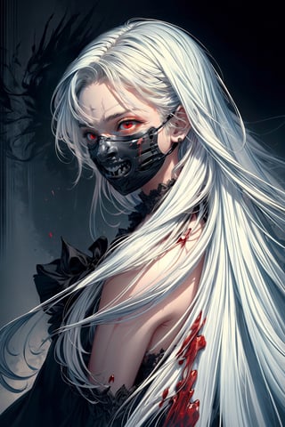 A boy with long white hair, wearing a (bloody smile mask), dramatic lighting, portrait format, dramatic and gothic background, masculine features, Red eyes.