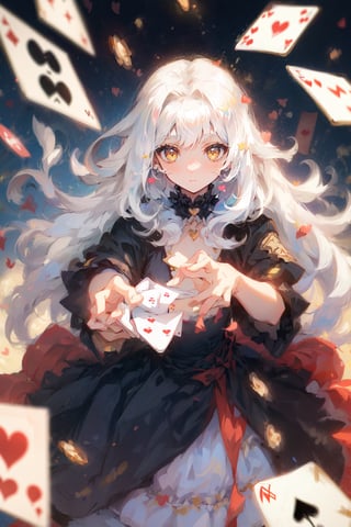A brunette girl, long white hair with bangs, yellow eyes, wearing a dress with hearts (♥) and diamonds (♦), against a background of playing cards scattered on the ground.