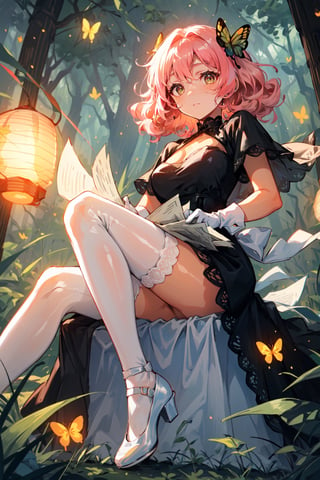 A cute girl with full, curly pink hair, tan skin, big emerald eyes, wearing a beautiful black lace dress, white gloves, silk white stockings, transparent white crystal shoes, amidst a forest with fireflies and butterflies, an ancient medieval paper lantern illuminating the path.