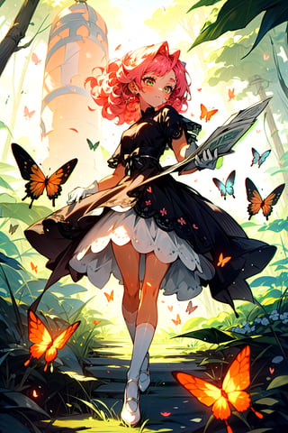 A cute girl with full, curly pink hair, tan skin, big emerald eyes, wearing a beautiful black lace dress, white gloves, silk white stockings, transparent white crystal shoes, amidst a forest with fireflies and butterflies, an ancient medieval paper lantern illuminating the path.