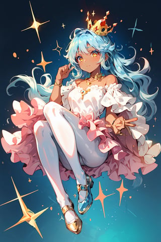 A cute girl wearing a beautiful red and white cups dress with ruffled silk lace, transparent pink pantyhose, shiny blue shoes, long blue hair sparkles bright intense yellow eyes, dark skin, cool colorful background and color variations, queen crown on her head, gold and crystal necklace.,SAM YANG