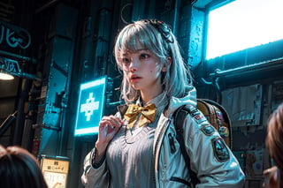 A Girl ,  Silver Hair, Pink Eyes, nikkeadmi , pleated skirt, plaid, hair ornament, sweater vest, white jacket, yellow bowtie, backpack, white socks, Dining Hall , School , City , ((Best quality)), ((masterpiece)), 3D, HDR (High Dynamic Range),Ray Tracing, NVIDIA RTX, Super-Resolution, Unreal 5,Subsurface scattering, PBR Texturing, Post-processing, Anisotropic Filtering, Depth-of-field, Maximum clarity and sharpness, Multi-layered textures, Albedo and Specular maps, Surface shading, Accurate simulation of light-material interaction, Perfect proportions, Octane Render, Two-tone lighting, Wide aperture, Low ISO, White balance, Rule of thirds,8K RAW, Aura, masterpiece, best quality, Mysterious expression, magical effects like sparkles or energy, flowing robes or enchanting attire, mechanic creatures or mystical background, rim lighting, side lighting, cinematic light, ultra high res, 8k uhd, film grain, best shadow, delicate, RAW, light particles, detailed skin texture, detailed cloth texture, beautiful face, (masterpiece), best quality, expressive eyes, perfect face,nikkeredhood,hair over one eye,marian,Scarlet (nikke),hellsparadise style,fuyumi,exiadef,tove,NIKKE GODDESS OF VICTORY, headgear,SnowWonder,momo_burlesque,juliadef,nikkeadmi