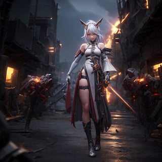 an alone mature girl, long red slice gray hair style, yellow eye, standing, china city, night time, high detail mature face, headgear,bare shoulder, china dress, white glove, black boot, black stocking, high res, ultra sharp, 8k, masterpiece, smiling, weapon, fantasy world, magical radiance background ((Best quality)), ((masterpiece)), 3D, HDR (High Dynamic Range),Ray Tracing, NVIDIA RTX, Super-Resolution, Unreal 5,Subsurface scattering, PBR Texturing, Post-processing, Anisotropic Filtering, Depth-of-field, Maximum clarity and sharpness, Multi-layered textures, Albedo and Specular maps, Surface shading, Accurate simulation of light-material interaction, Perfect proportions, Octane Render, Two-tone lighting, Wide aperture, Low ISO, White balance, Rule of thirds,8K RAW, Aura, masterpiece, best quality, Mysterious expression, magical effects like sparkles or energy, flowing robes or enchanting attire, mechanic creatures or mystical background, rim lighting, side lighting, cinematic light, ultra high res, 8k uhd, film grain, best shadow, delicate, RAW, light particles, detailed skin texture, detailed cloth texture, beautiful face, (masterpiece), best quality, expressive eyes, perfect face,1 girl,Mechanical_tentacles