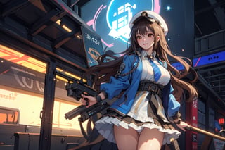 A mature waist long loose drak brown Hair style Girl with heavy machine gun , lovely smile, straw berry loli pop, blue cap, Blue jacket shirt, blue necktie, white shirt, white skirt, white panty, Heavy Gun, Railway, Train Station, ((Best quality)), ((masterpiece)), 3D, HDR (High Dynamic Range),Ray Tracing, NVIDIA RTX, Super-Resolution, Unreal 5,Subsurface scattering, PBR Texturing, Post-processing, Anisotropic Filtering, Depth-of-field, Maximum clarity and sharpness, Multi-layered textures, Albedo and Specular maps, Surface shading, Accurate simulation of light-material interaction, Perfect proportions, Octane Render, Two-tone lighting, Wide aperture, Low ISO, White balance, Rule of thirds,8K RAW, Aura, masterpiece, best quality, Mysterious expression, magical effects like sparkles or energy, flowing robes or enchanting attire, mechanic creatures or mystical background, rim lighting, side lighting, cinematic light, ultra high res, 8k uhd, film grain, best shadow, delicate, RAW, light particles, detailed skin texture, detailed cloth texture, beautiful face, (masterpiece), best quality, expressive eyes, perfect face,Mechanical_tentacles,momo_burlesque,diesel \(nikke\)