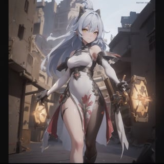 an alone mature girl, long red slice gray hair style, yellow eye, standing, china city, night time, high detail mature face, headgear,bare shoulder, white red china dress, white glove, black boot, black stocking, high res, ultra sharp, 8k, masterpiece, smiling, weapon, fantasy world, magical radiance background ((Best quality)), ((masterpiece)), 3D, HDR (High Dynamic Range),Ray Tracing, NVIDIA RTX, Super-Resolution, Unreal 5,Subsurface scattering, PBR Texturing, Post-processing, Anisotropic Filtering, Depth-of-field, Maximum clarity and sharpness, Multi-layered textures, Albedo and Specular maps, Surface shading, Accurate simulation of light-material interaction, Perfect proportions, Octane Render, Two-tone lighting, Wide aperture, Low ISO, White balance, Rule of thirds,8K RAW, Aura, masterpiece, best quality, Mysterious expression, magical effects like sparkles or energy, flowing robes or enchanting attire, mechanic creatures or mystical background, rim lighting, side lighting, cinematic light, ultra high res, 8k uhd, film grain, best shadow, delicate, RAW, light particles, detailed skin texture, detailed cloth texture, beautiful face, (masterpiece), best quality, expressive eyes, perfect face,