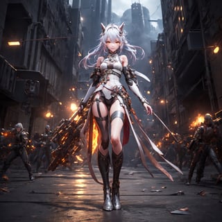 an alone mature girl, long red slice gray hair style, yellow eye, standing, china city, night time, high detail mature face, headgear,bare shoulder, china dress, white glove, black boot, black stocking, high res, ultra sharp, 8k, masterpiece, smiling, weapon, fantasy world, magical radiance background ((Best quality)), ((masterpiece)), 3D, HDR (High Dynamic Range),Ray Tracing, NVIDIA RTX, Super-Resolution, Unreal 5,Subsurface scattering, PBR Texturing, Post-processing, Anisotropic Filtering, Depth-of-field, Maximum clarity and sharpness, Multi-layered textures, Albedo and Specular maps, Surface shading, Accurate simulation of light-material interaction, Perfect proportions, Octane Render, Two-tone lighting, Wide aperture, Low ISO, White balance, Rule of thirds,8K RAW, Aura, masterpiece, best quality, Mysterious expression, magical effects like sparkles or energy, flowing robes or enchanting attire, mechanic creatures or mystical background, rim lighting, side lighting, cinematic light, ultra high res, 8k uhd, film grain, best shadow, delicate, RAW, light particles, detailed skin texture, detailed cloth texture, beautiful face, (masterpiece), best quality, expressive eyes, perfect face,1 girl,mecha_girl_figure